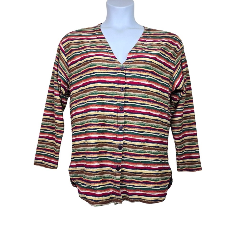 Jazz Sport Womens Vintage Multicolor Striped V-Neck Button Front Cardigan Size M